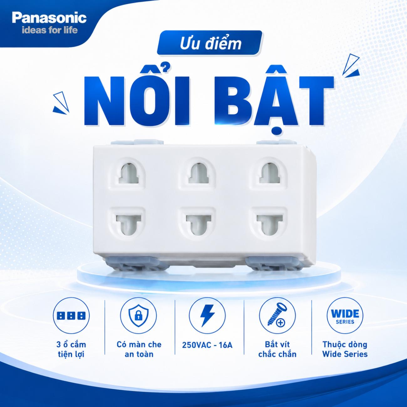 Bộ 3 ổ cắm Panasonic WEV138307SW 2 chấu có màn che, bắt vít, 250VAC-16A
